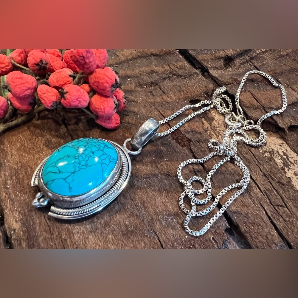 Native American Navajo Turquoise Necklace Pendant Blue Cabochon Spiderweb 19”